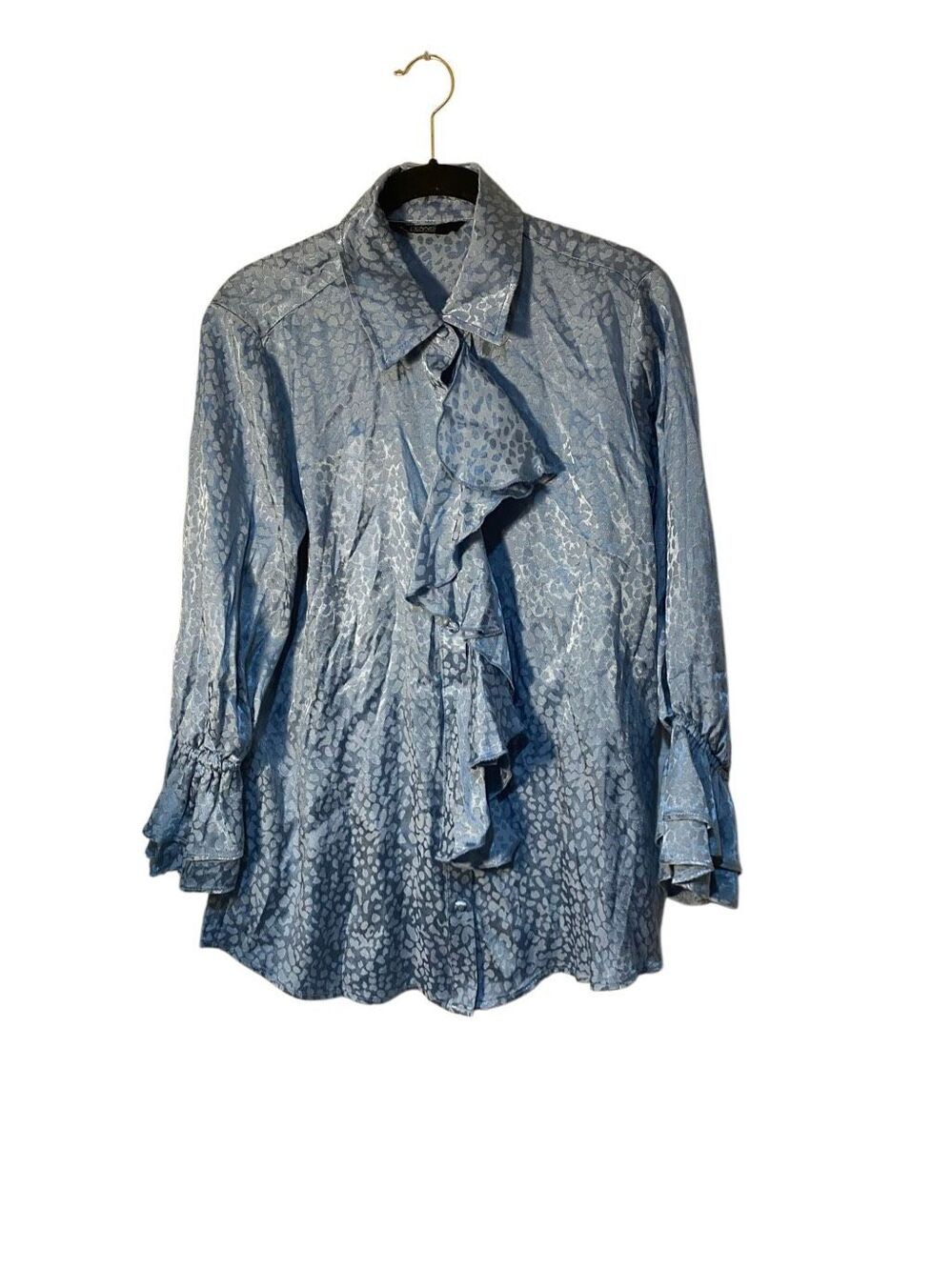Dennis basso women’s textured, jacquard ruffle, trim blue blouse XS